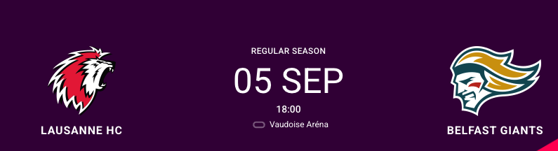 Aufstellung der Mannschaften für das Spiel Lausanne HC vs Belfast Giants